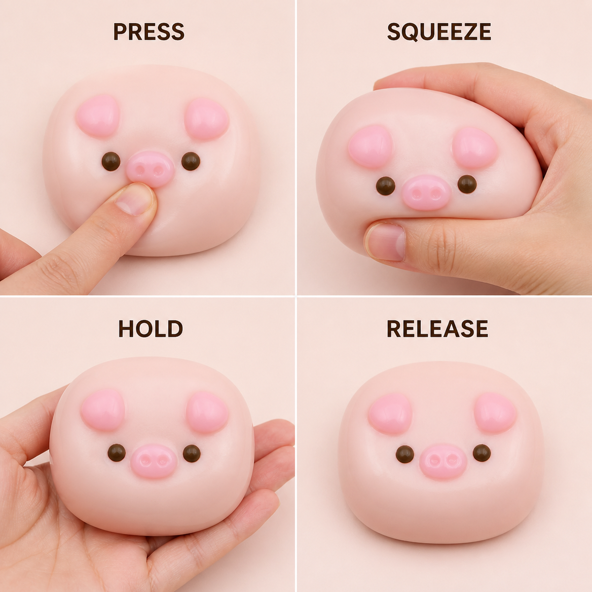 Pink pig-face press squeeze hold and release guide