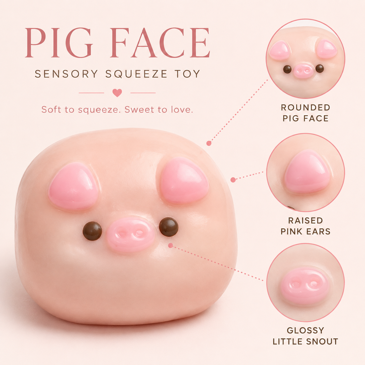 Pink pig-face rounded shape raised ears and glossy snout