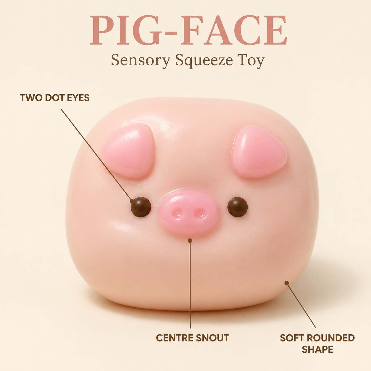 Pink pig-face dot eyes centre snout and rounded shape