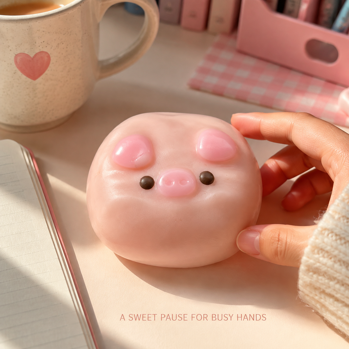Pink pig-face sensory toy in a cozy desk scene