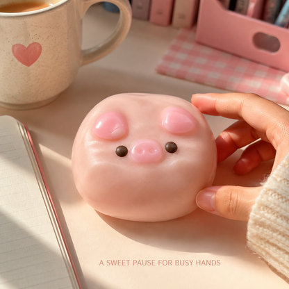 Pink pig-face sensory toy in a cozy desk scene