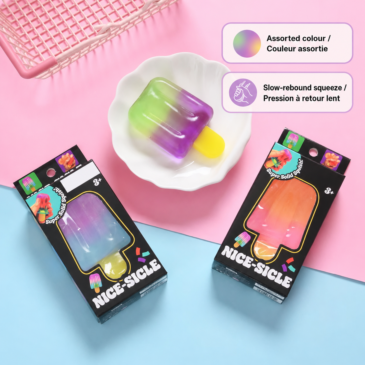 Gradient popsicle squishy with retail box and bilingual details