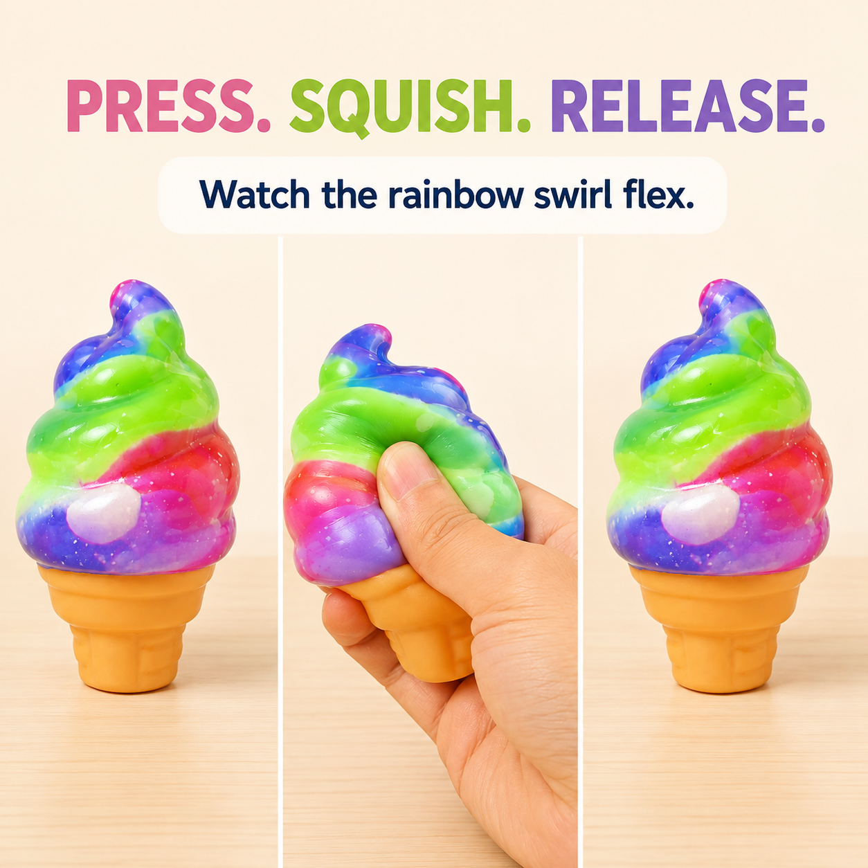 Rainbow soft-serve squishy press squeeze and release sequence