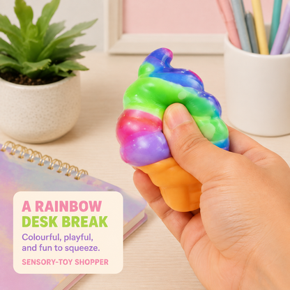 Rainbow soft-serve squishy in a colourful desk setting