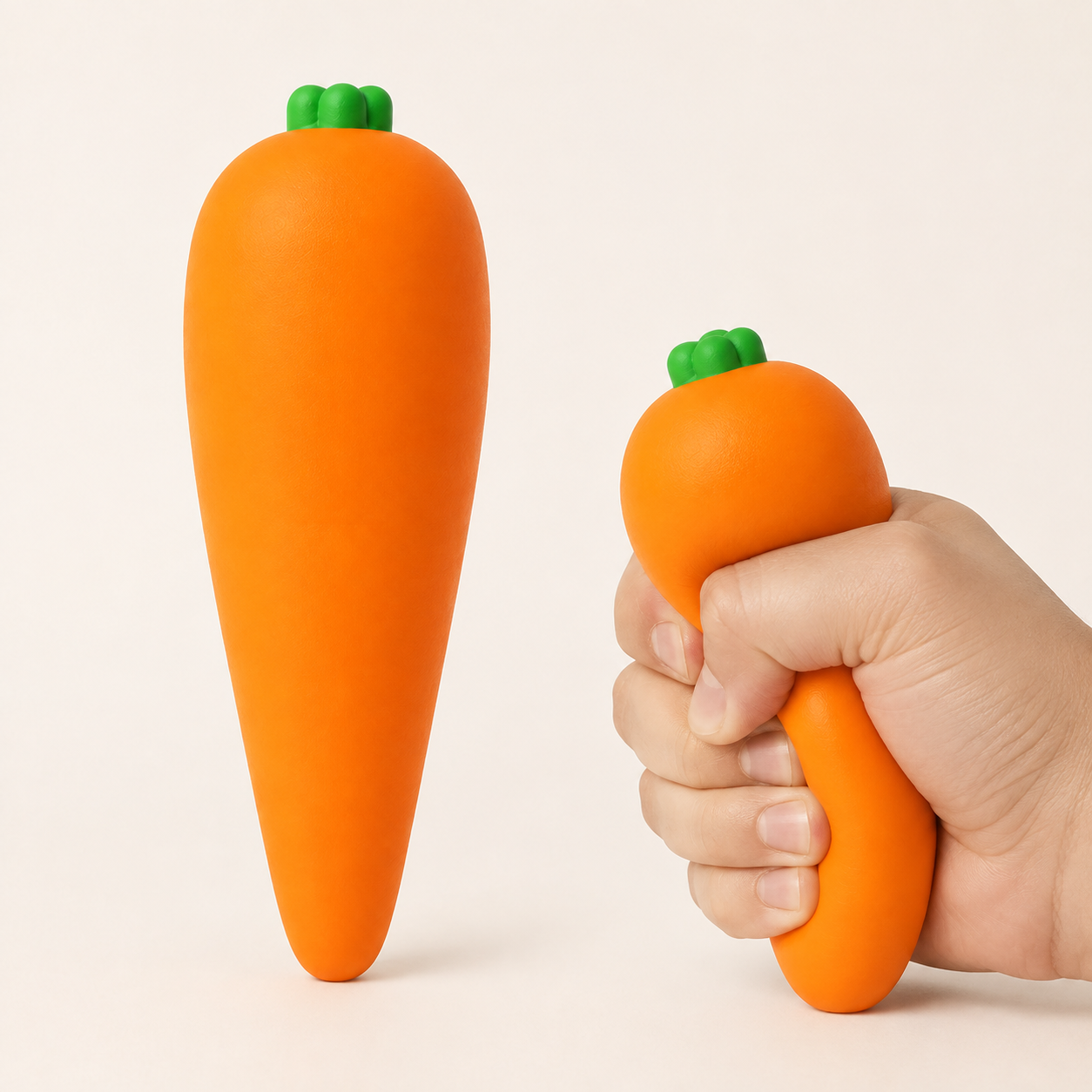 Realistic carrot sensory squeeze toy hero with hand squeeze