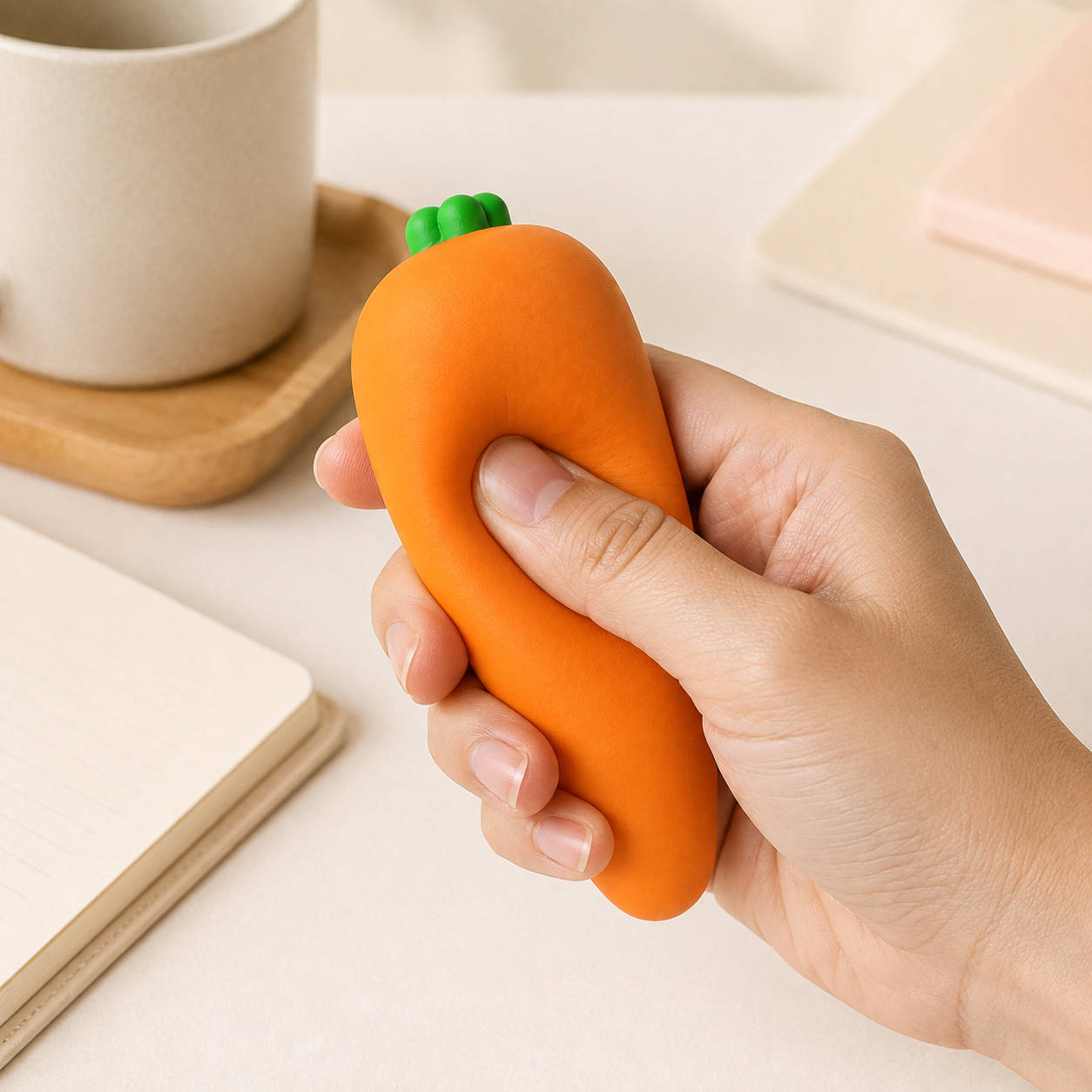Carrot sensory squeeze toy desk break lifestyle