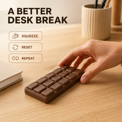 Chocolate bar sensory squishy on an adult desk
