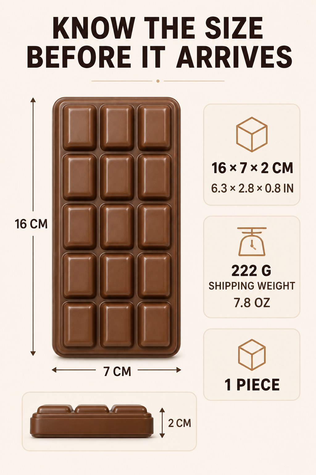 Chocolate bar squishy dimensions 16 by 7 by 2 cm and 222 g shipping weight