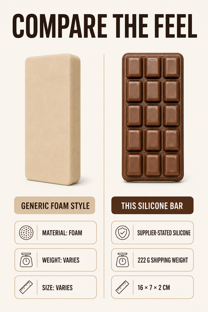 Silicone chocolate bar squishy compared with a generic foam style