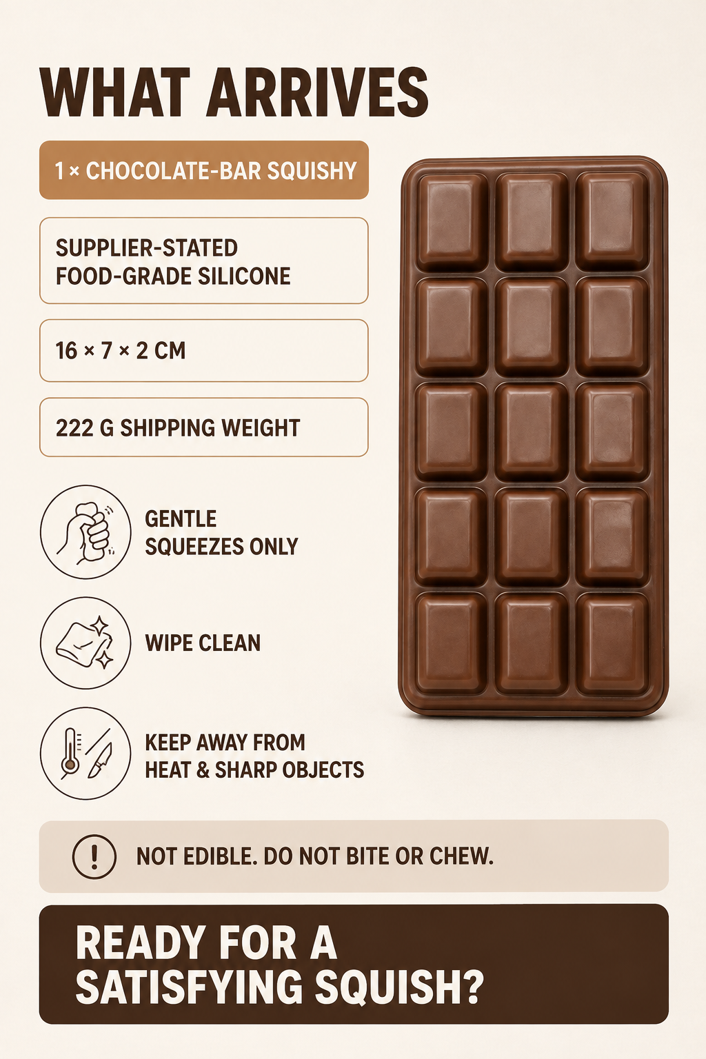 Chocolate bar squishy package contents dimensions weight and care