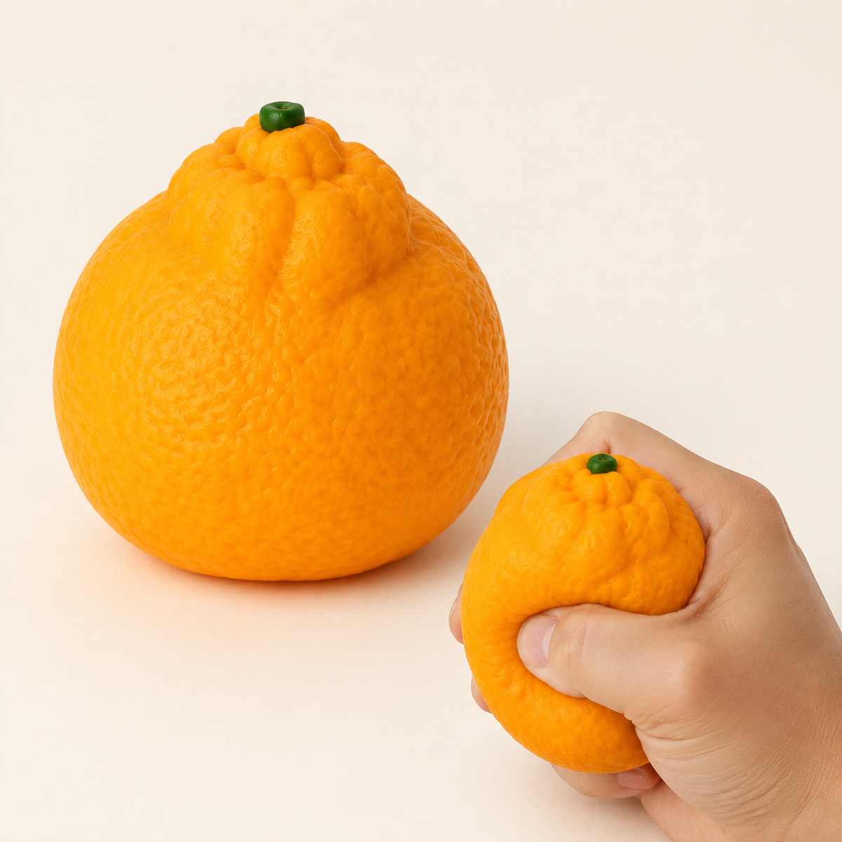 Realistic mandarin orange sensory squeeze toy hero with hand squeeze
