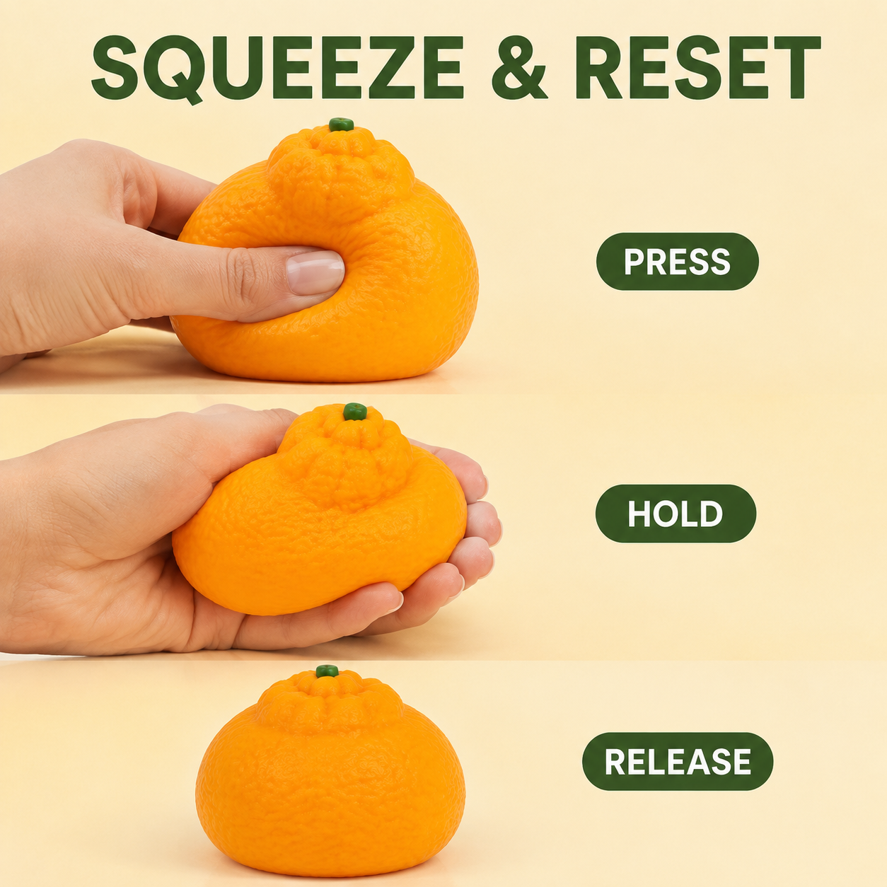 Mandarin orange sensory squeeze toy press hold release