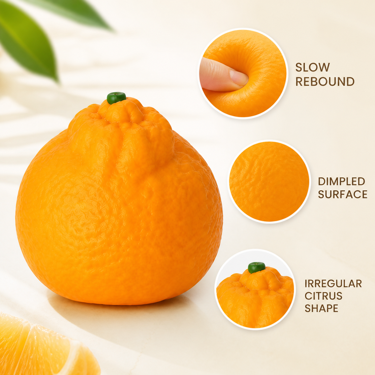 Mandarin orange sensory squeeze toy feature details