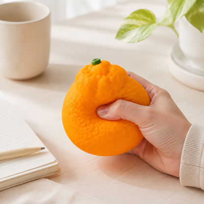 Mandarin orange sensory squeeze toy desk break lifestyle