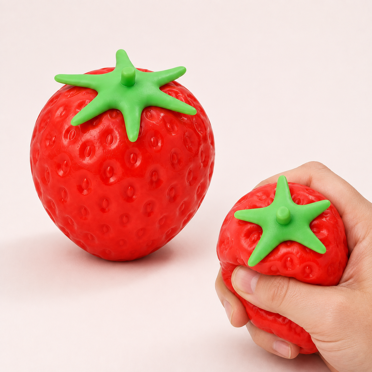 Realistic strawberry sensory squeeze toy hero with hand squeeze