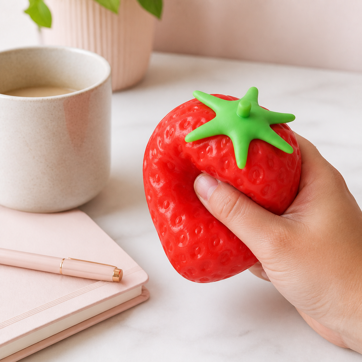 Strawberry sensory squeeze toy desk break lifestyle