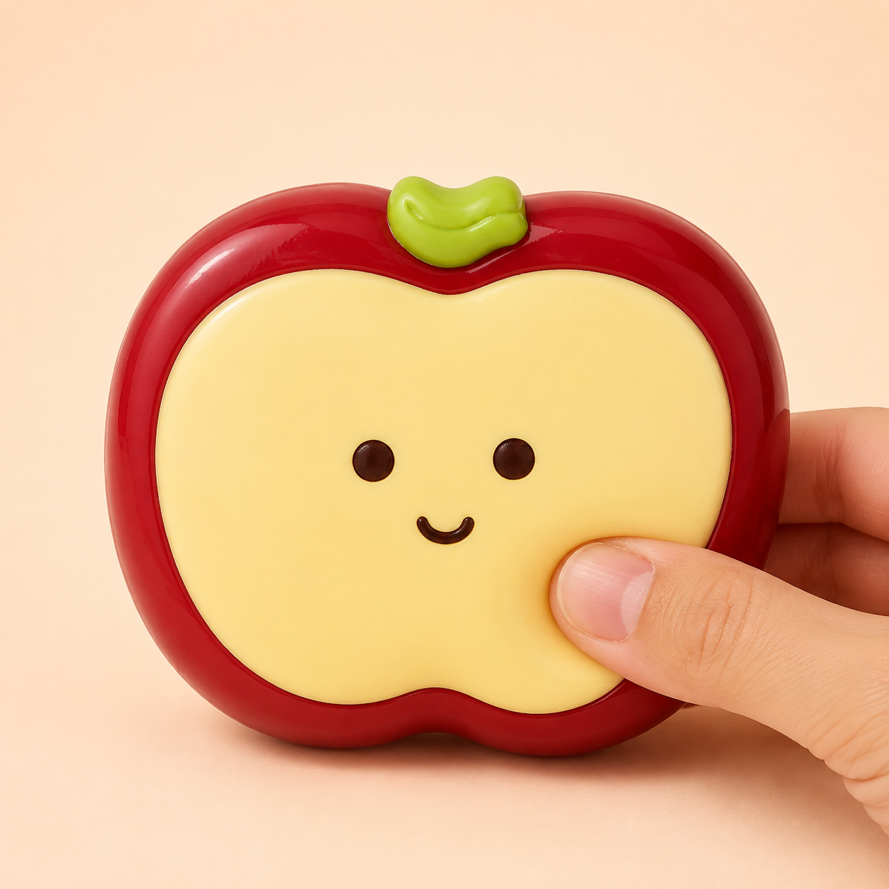Hand pressing a red apple cream sensory squeeze toy