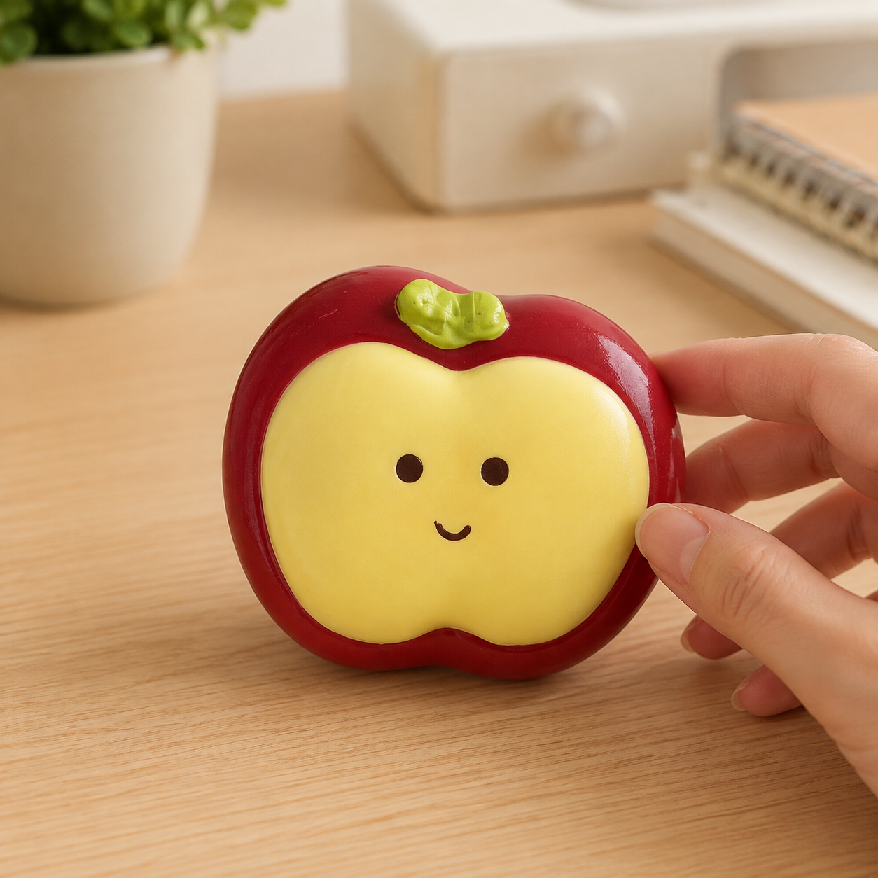 Red apple cream sensory toy on a cozy desk