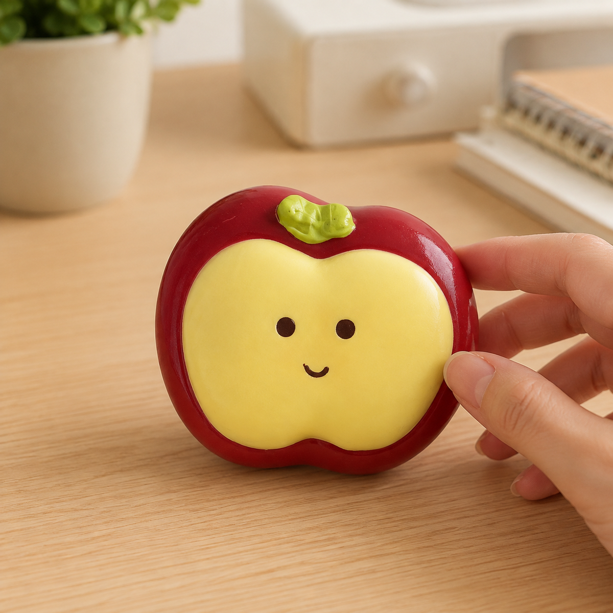 Red apple cream sensory toy on a cozy desk