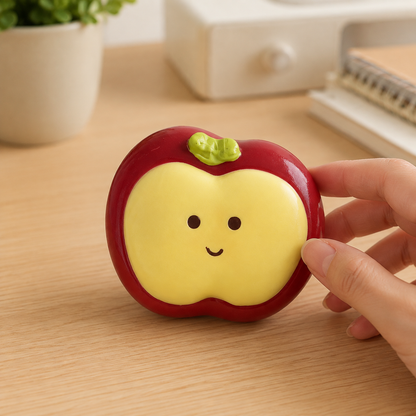 Red apple cream sensory toy on a cozy desk