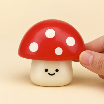 Hand pressing a red mushroom sensory squeeze toy with four white spots