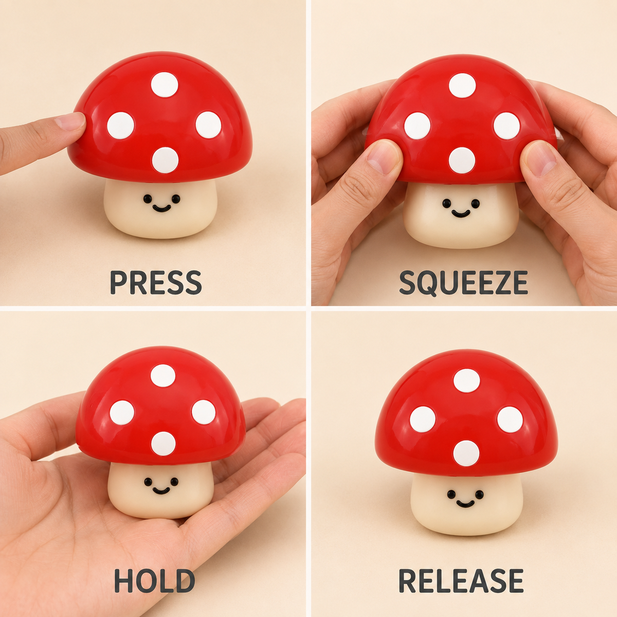 Red mushroom press squeeze hold and release guide