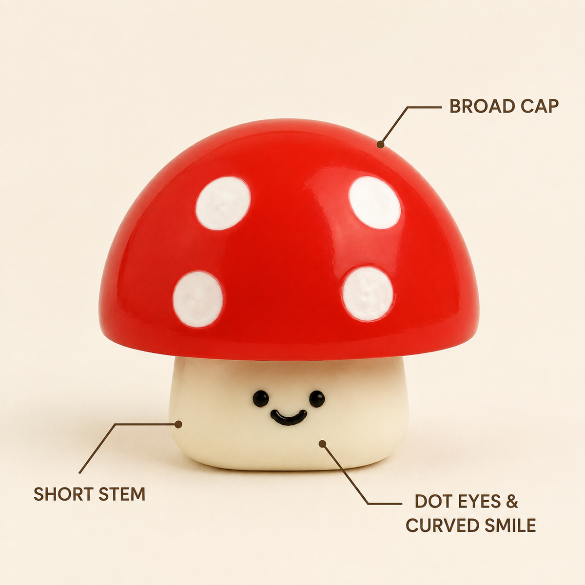 Red mushroom broad cap short stem and smiling face