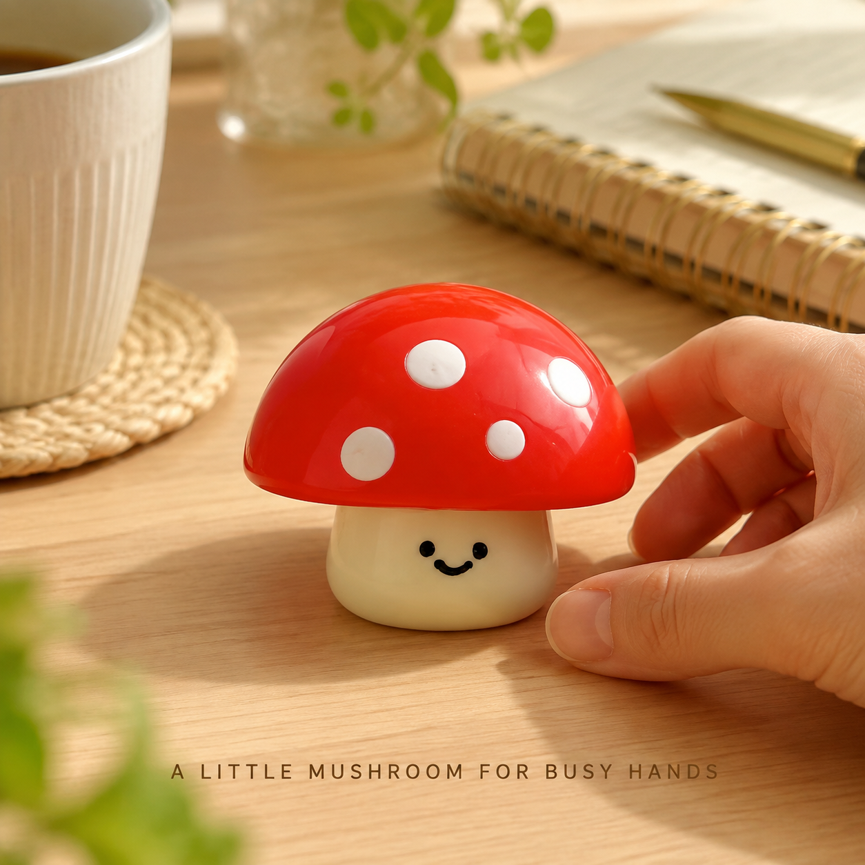 Red mushroom sensory toy in a cozy desk scene