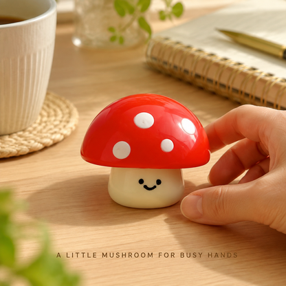 Red mushroom sensory toy in a cozy desk scene