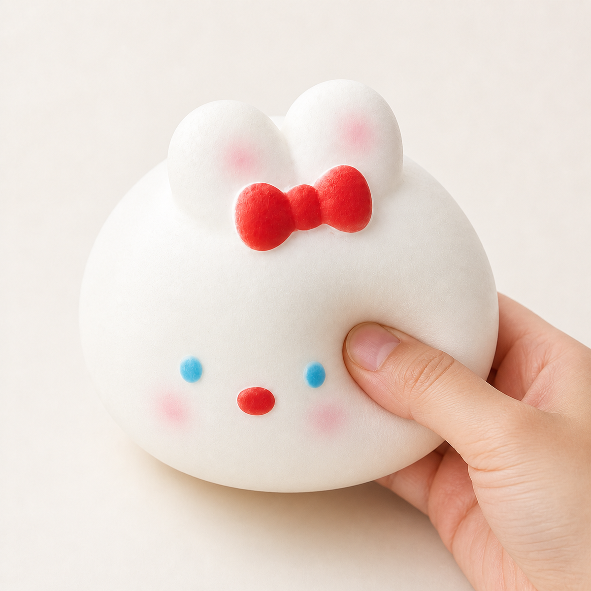 Red rabbit slow-rise squishy with a hand gently squeezing the lower-right side