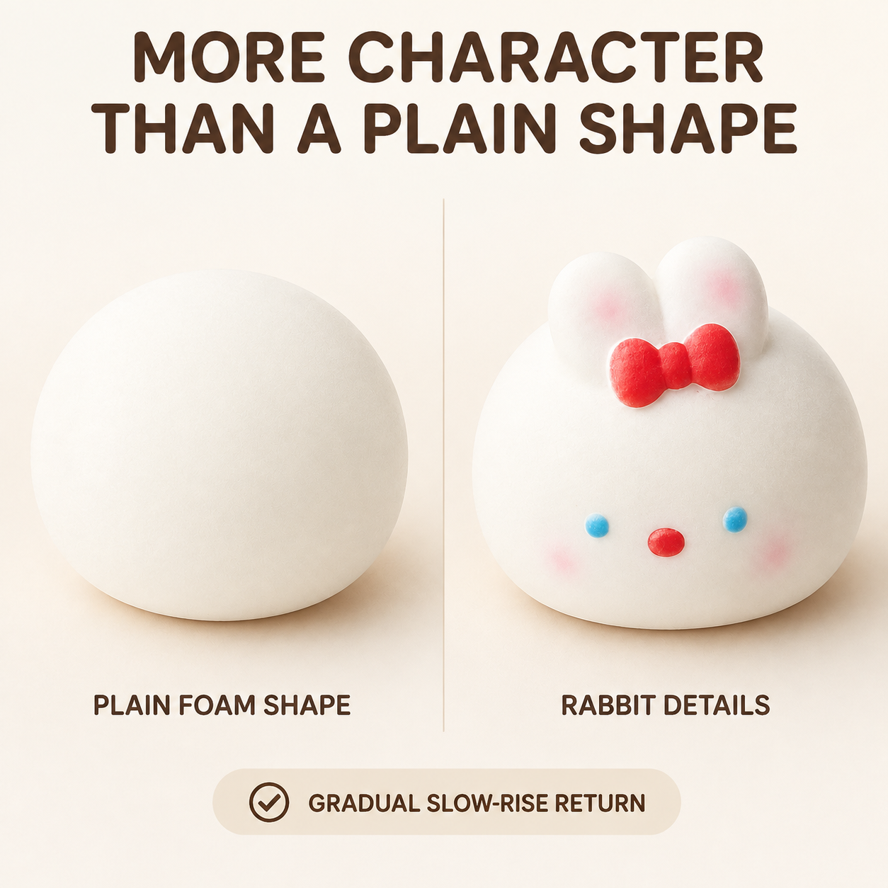 Red rabbit character squishy compared with a plain foam shape