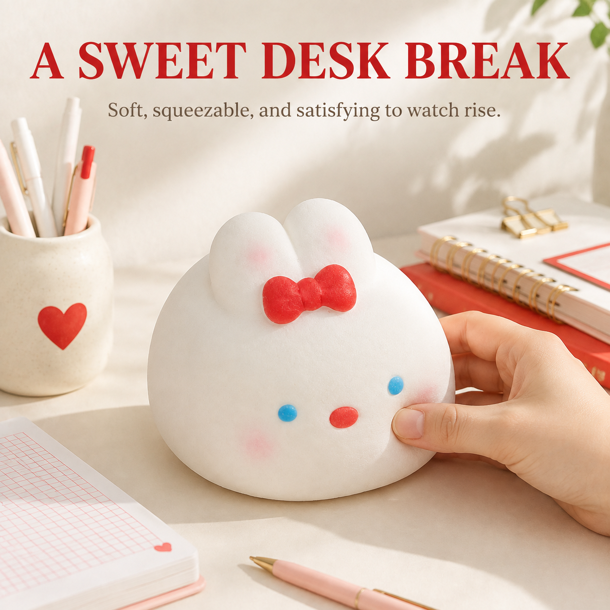 Red rabbit slow-rise squishy as a gentle desk break