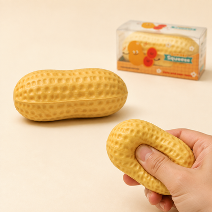 Retail-box peanut sensory squeeze toy hero with hand-squeeze demonstration