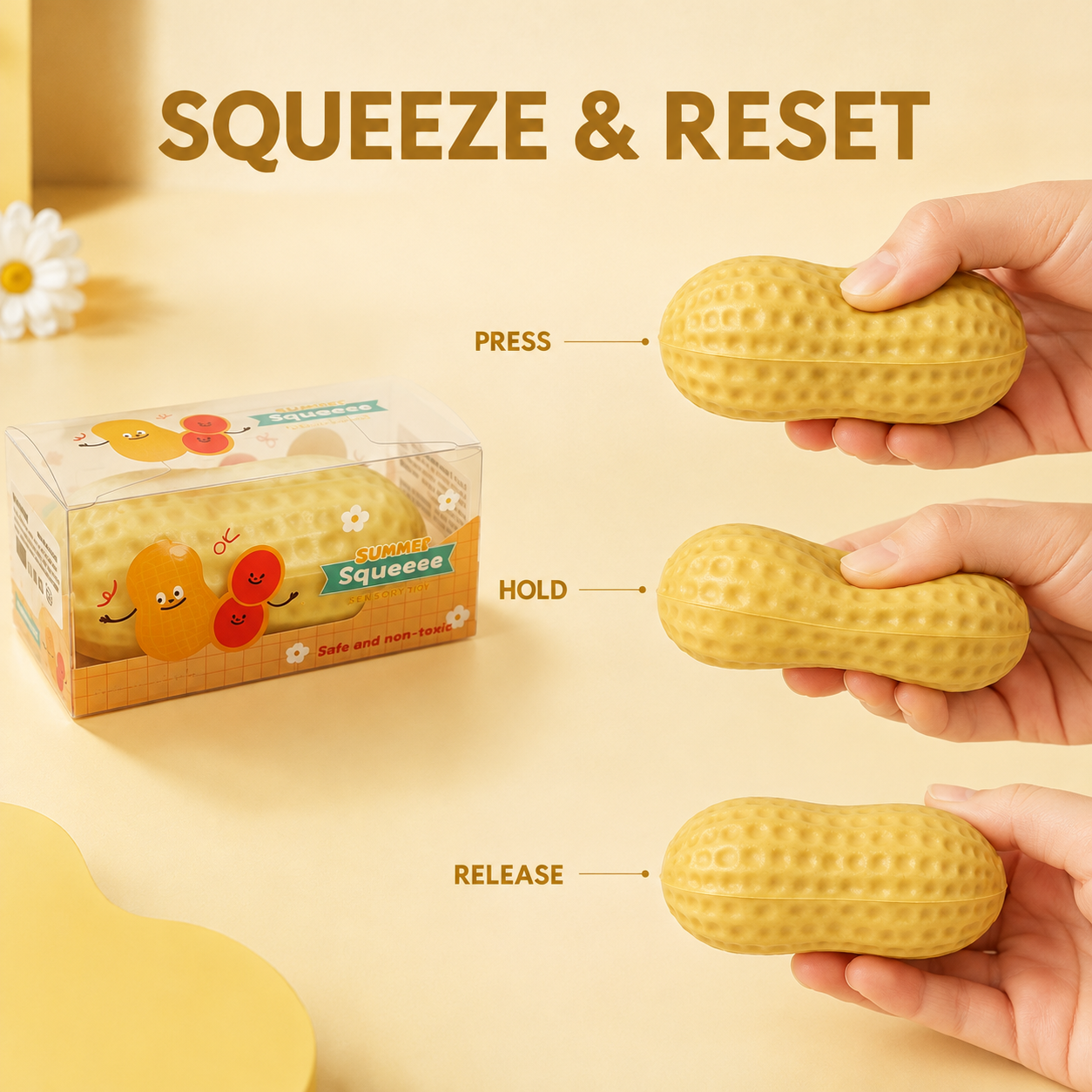 Retail-box peanut sensory squeeze toy press hold release guide
