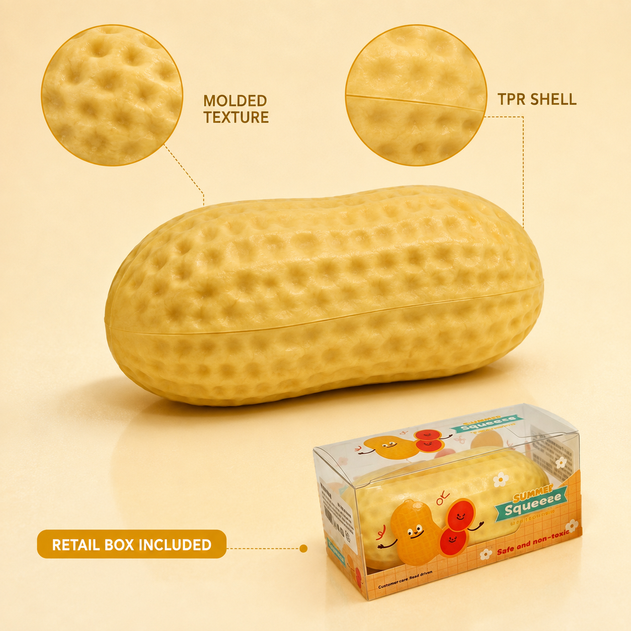Retail-box peanut sensory squeeze toy features
