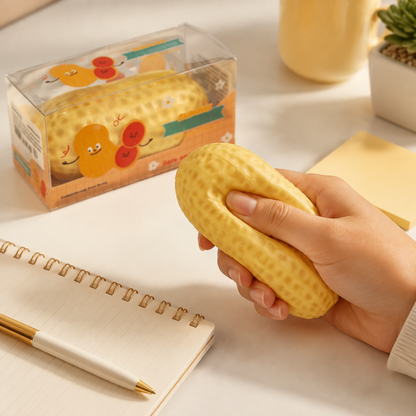 Retail-box peanut sensory squeeze toy lifestyle use