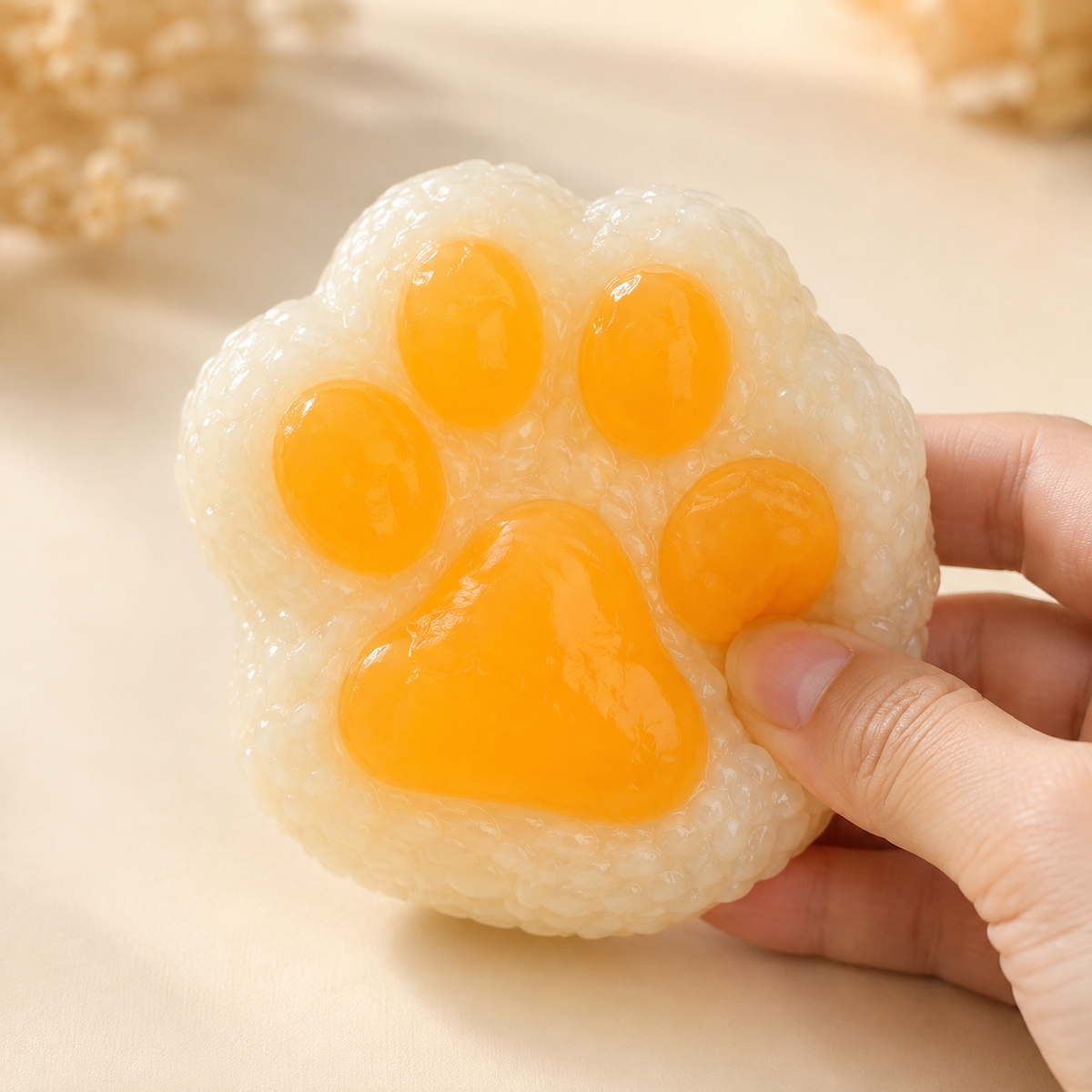 Hand pressing a rice-ball cat-paw sensory toy