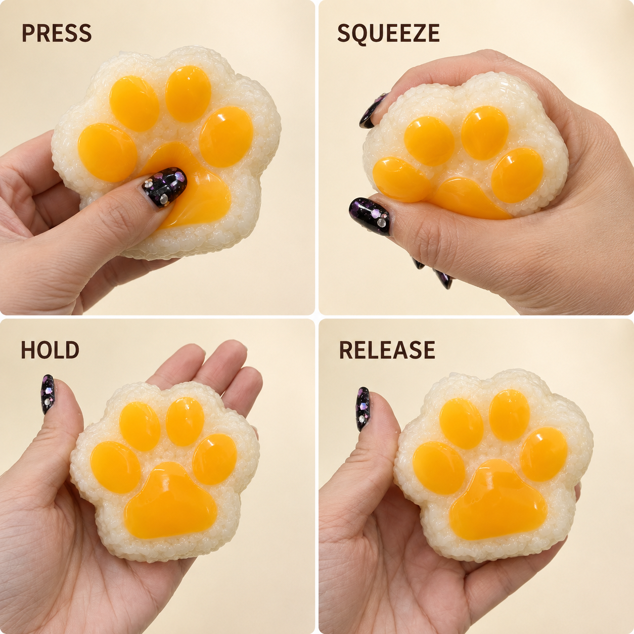 Rice-ball paw press squeeze hold and release guide