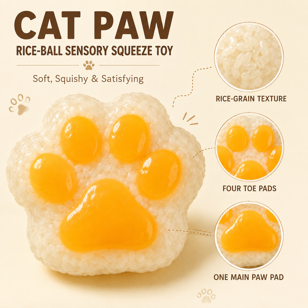 Rice-ball paw grain texture and five orange pads
