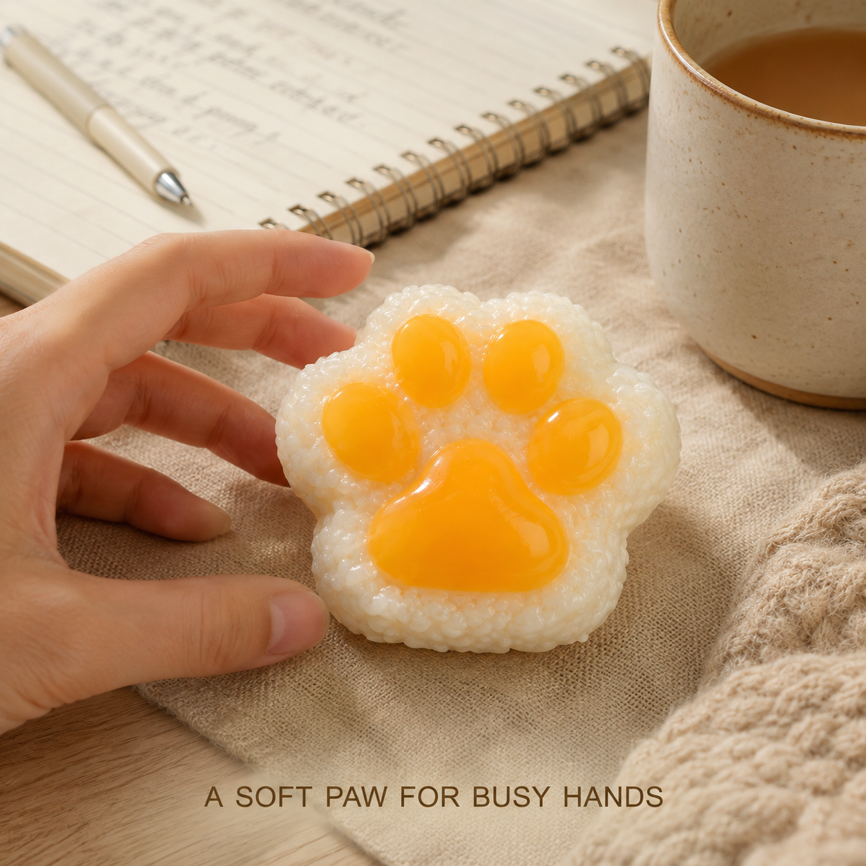 Rice-ball cat-paw sensory toy in a cozy desk scene