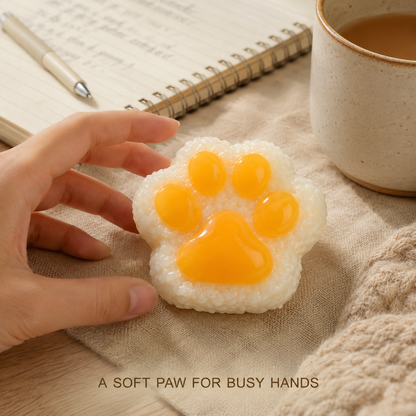 Rice-ball cat-paw sensory toy in a cozy desk scene