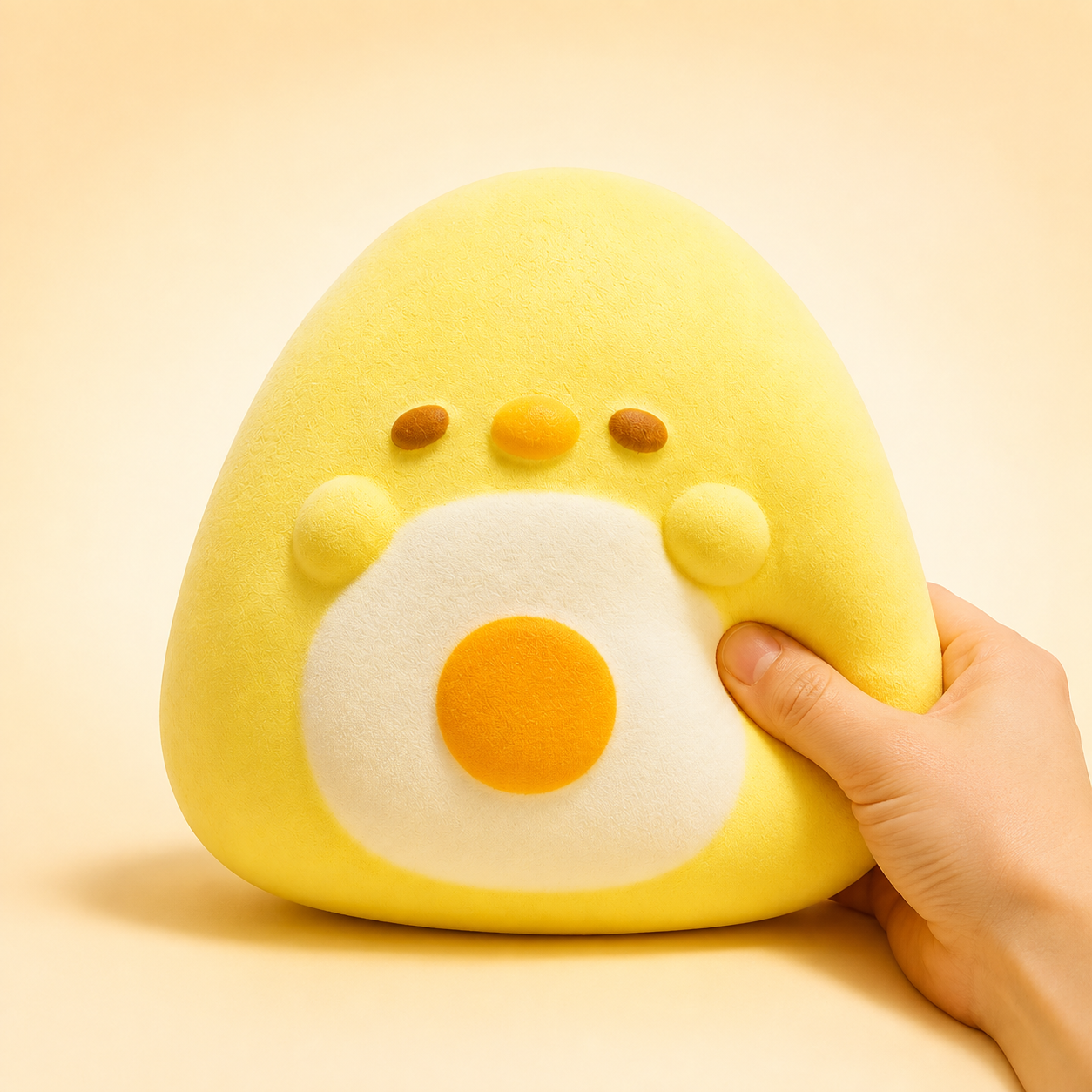 Rice ball chicken squishy shown being pressed by hand