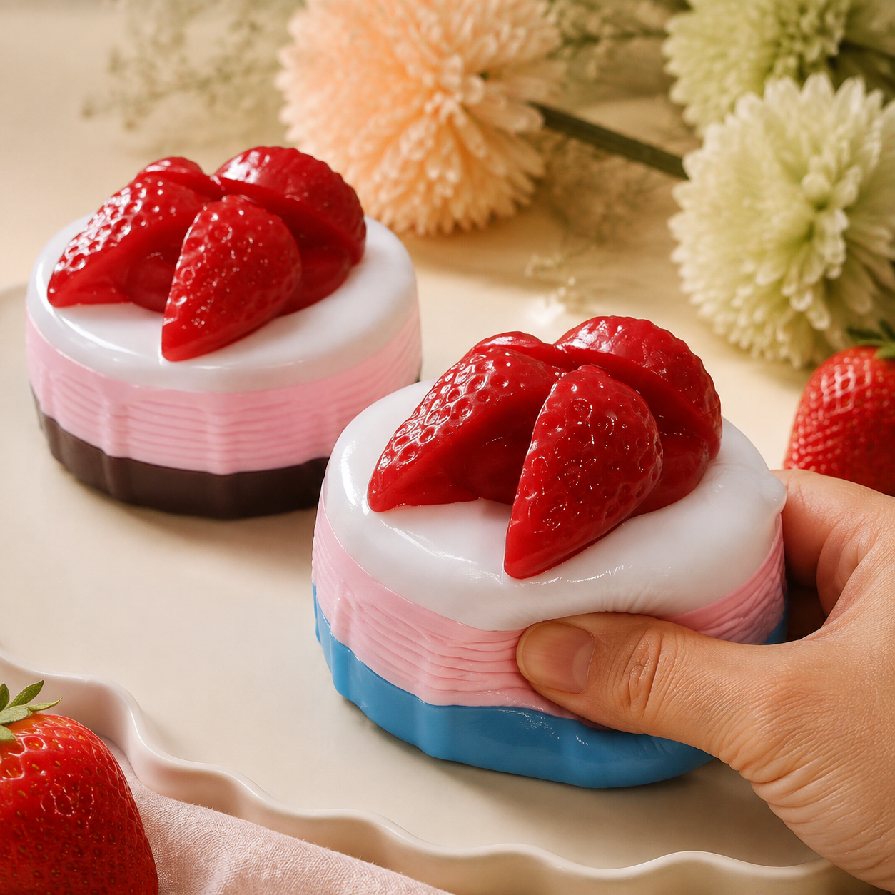 Blue and brown round dessert cakes with a hand pressing the blue-base style