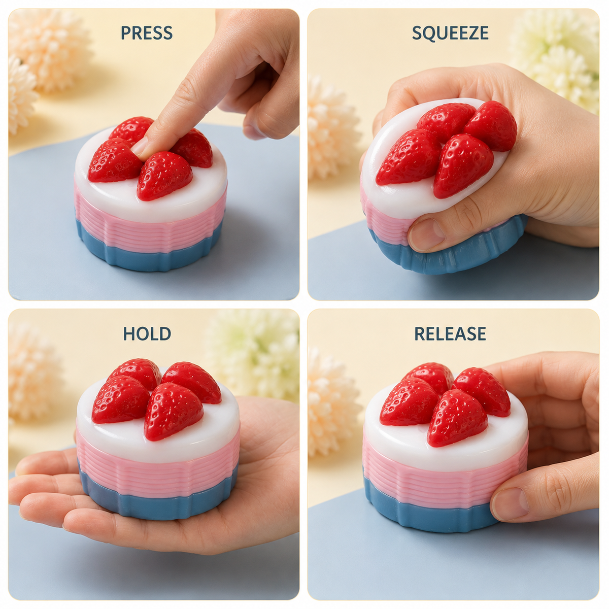 Blue-base round dessert cake press squeeze hold and release guide