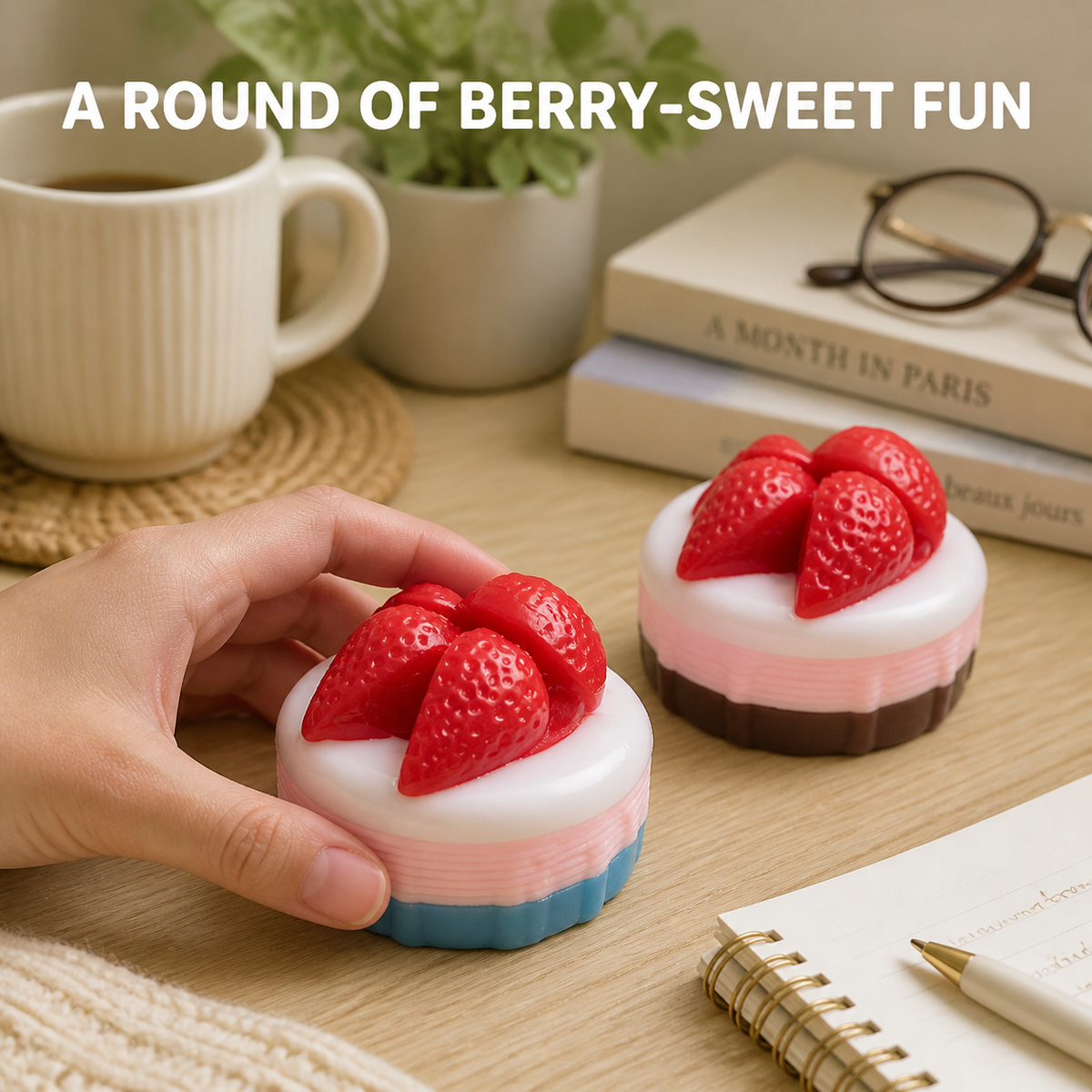 Two round dessert cake sensory toys on a warm home-office desk