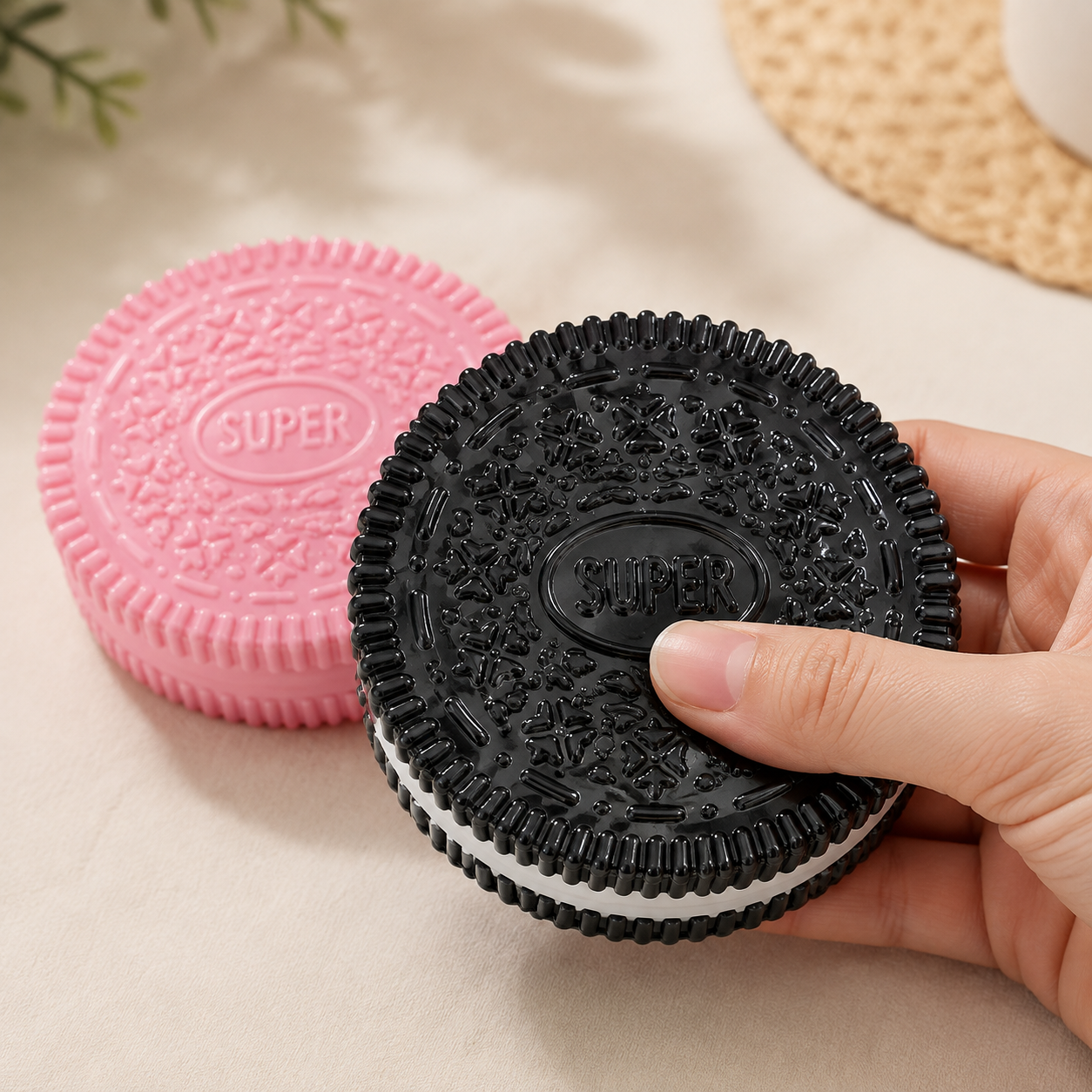 Hand pressing the black sandwich-cookie sensory toy with pink option shown