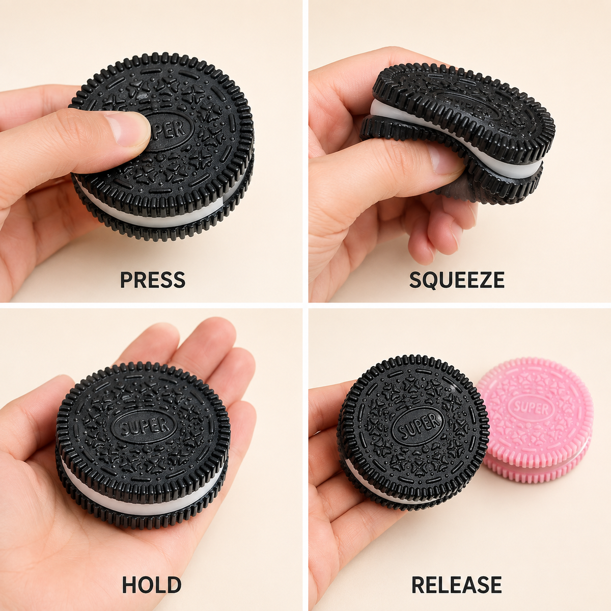 Black cookie toy press squeeze hold and release guide with pink option