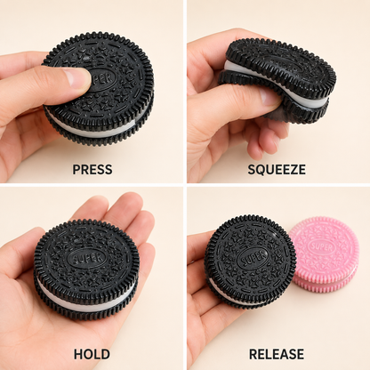 Black cookie toy press squeeze hold and release guide with pink option