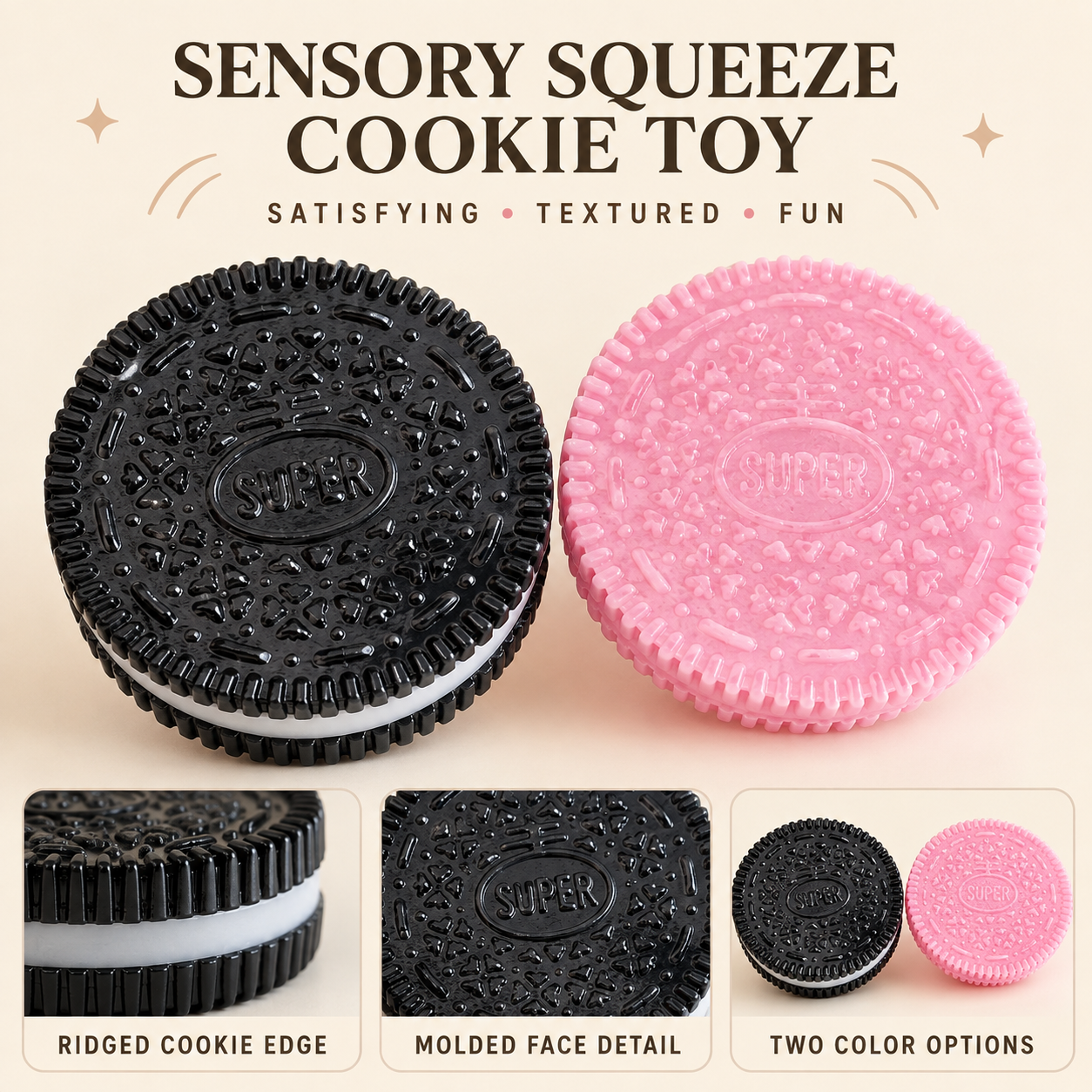 Black and pink cookie toys with ridged edge and molded details