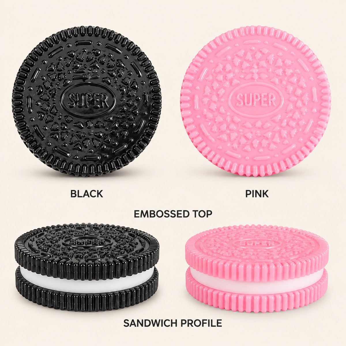 Black and pink cookie toy color and sandwich profile guide